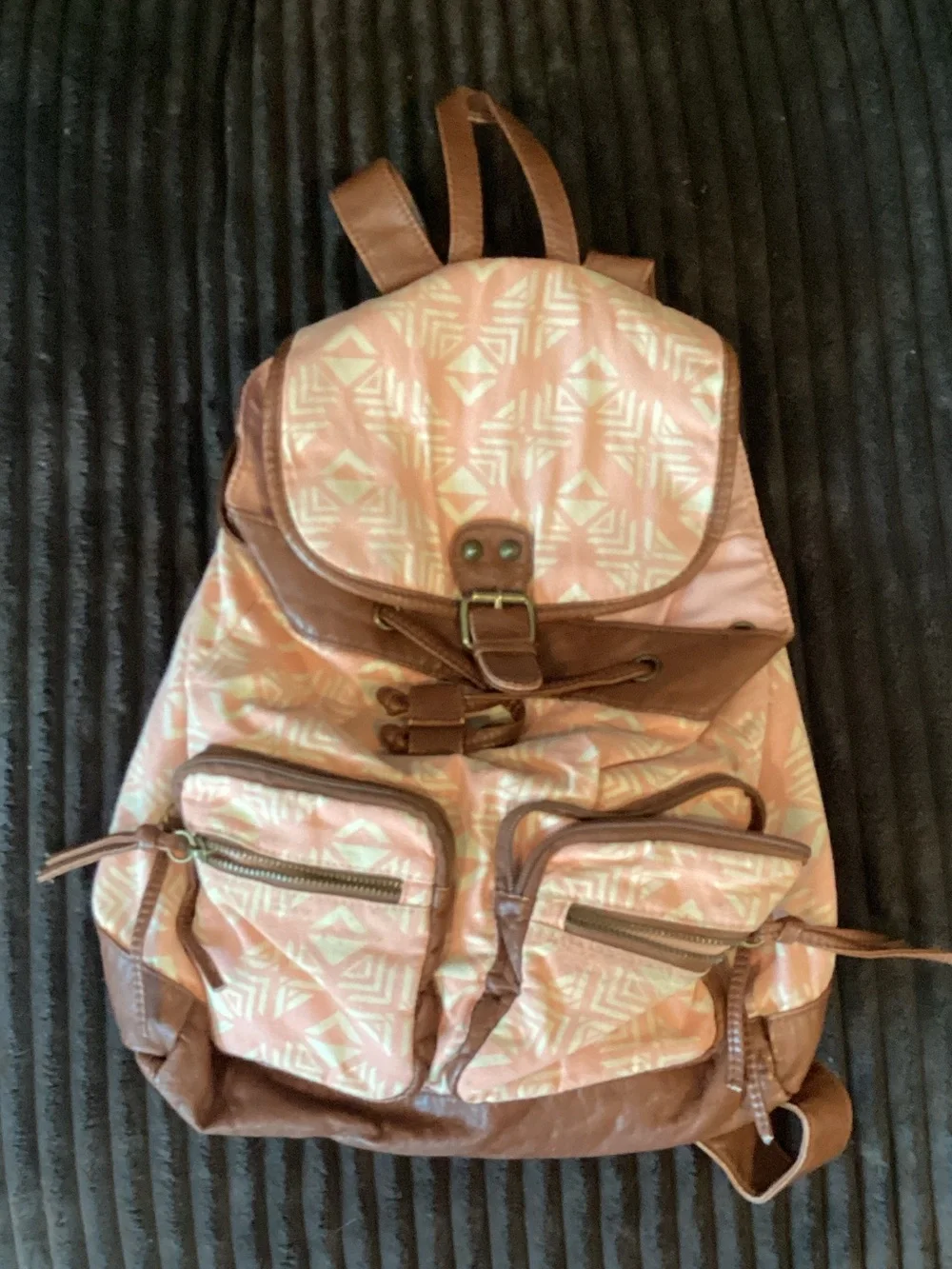 Mudd Pink Patterned Canvas Backpack with Brown Trim